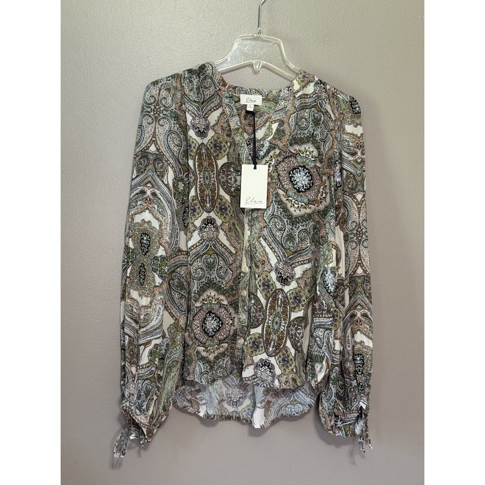 Elan Jolie Top Multicolor Paisley V-Neck Long Sleeve Blouse CRV11224 Size S